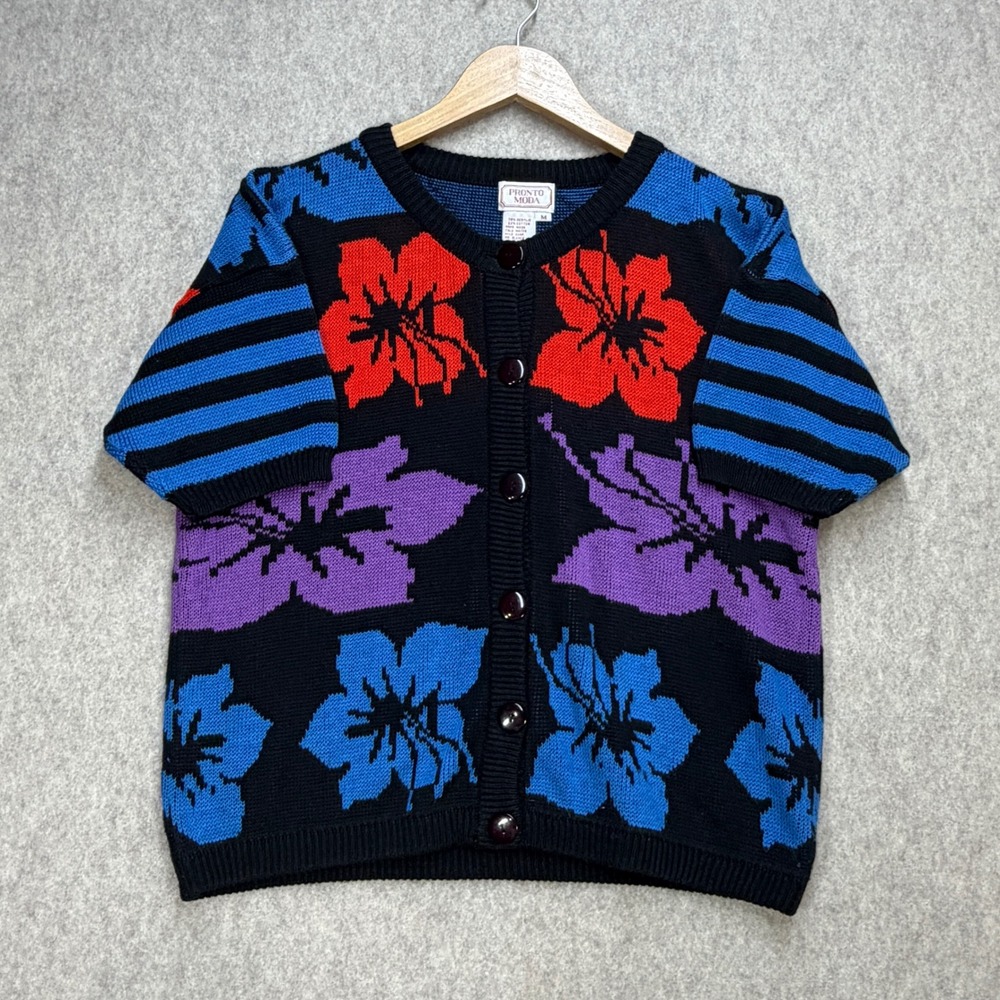 Pronto Moda Vintage Womens M Black Floral Retro Short Sleeve Whimsical Cardigan